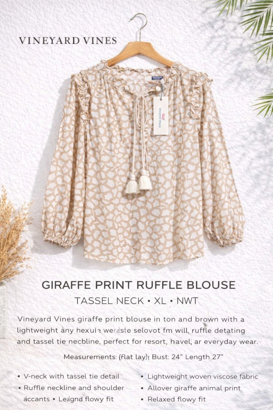 Vineyard Vines Blouse Womens XL Giraffe Print Ruffle Tassel Tie NWT